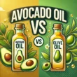 Side-by-side illustration of avocado oil being used for high-heat frying and olive oil for light sautéing, with icons of their respective smoke points