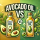 Side-by-side illustration of avocado oil being used for high-heat frying and olive oil for light sautéing, with icons of their respective smoke points