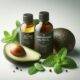 Professional product photography of avocado oil and peppermint oil bottles against a white background, with fresh avocados and peppermint leaves arranged artistically around them