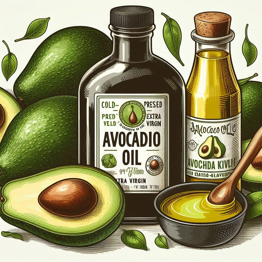Illustration of a bottle of avocado oil with labels like ‘cold-pressed,’ ‘extra virgin,’ and a dark glass bottle, alongside ripe avocados.