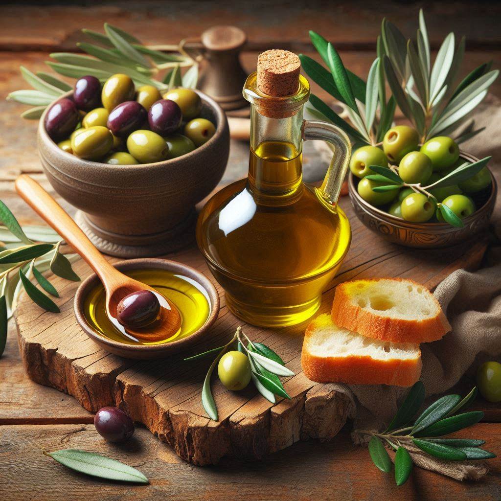 Fresh olives on branches, with a bottle of golden extra virgin olive oil on a wooden surface, accompanied by a small bowl of olive oil and bread slices for dipping
