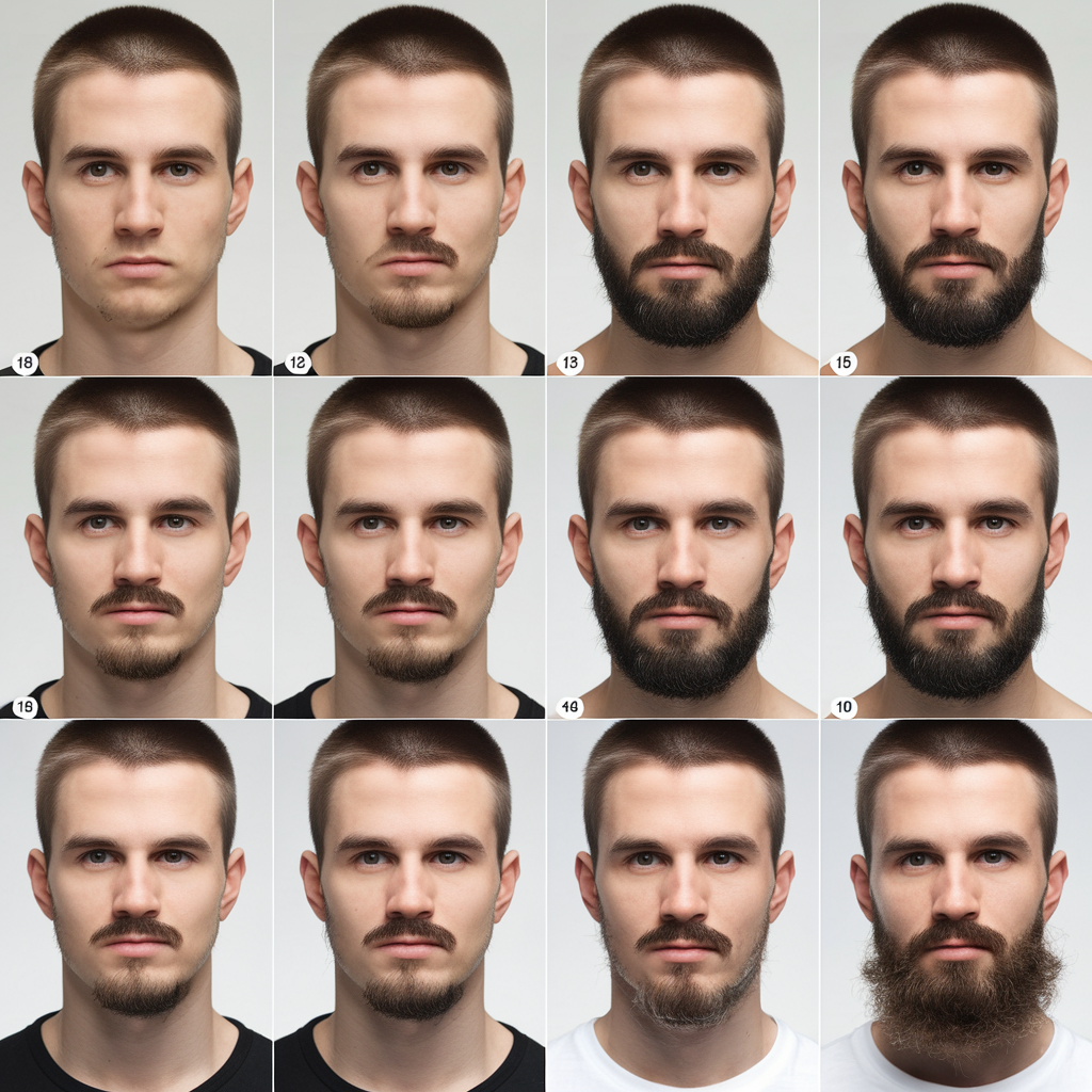 Before/after photos showing 12-week beard growth progress with weekly progression markers