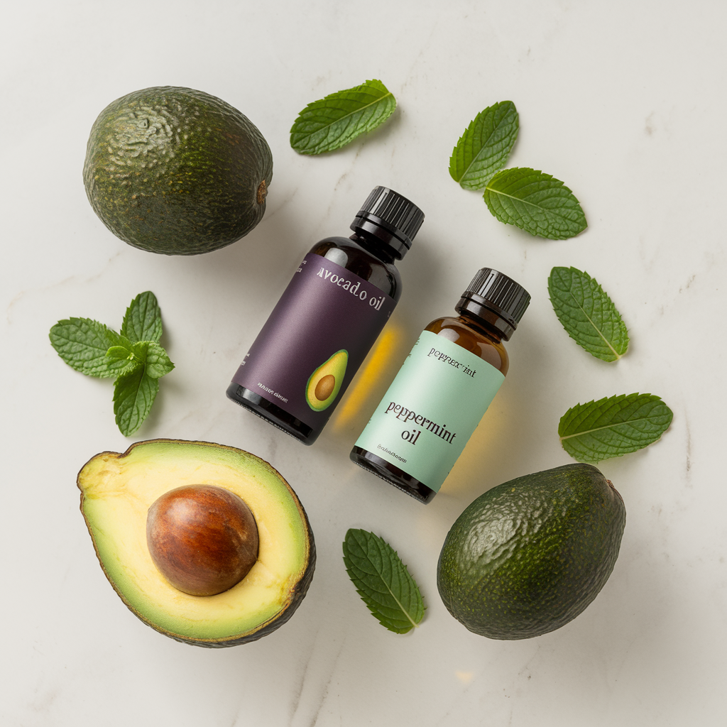 Professional product photography of avocado oil and peppermint oil bottles against a white background, with fresh avocados and peppermint leaves arranged artistically around them