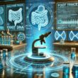 A futuristic lab scene with scientists analyzing stool DNA under a microscope, surrounded by digital data screens showing food traces and genetic sequences.