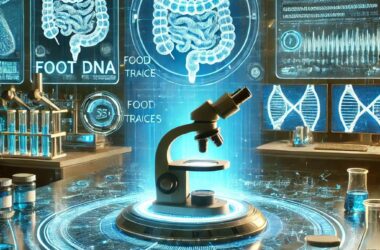 A futuristic lab scene with scientists analyzing stool DNA under a microscope, surrounded by digital data screens showing food traces and genetic sequences.