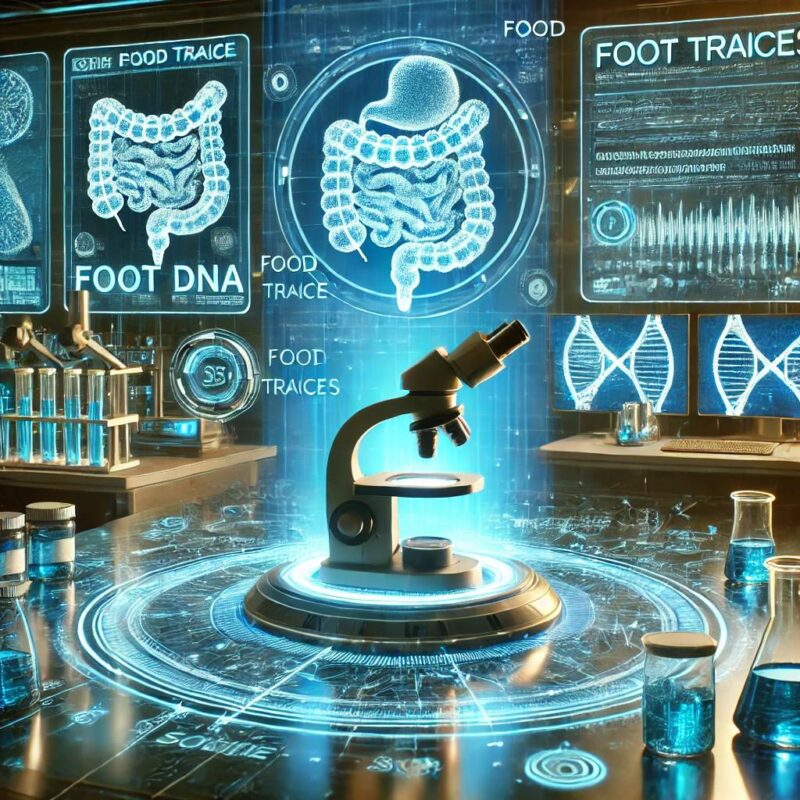 A futuristic lab scene with scientists analyzing stool DNA under a microscope, surrounded by digital data screens showing food traces and genetic sequences.