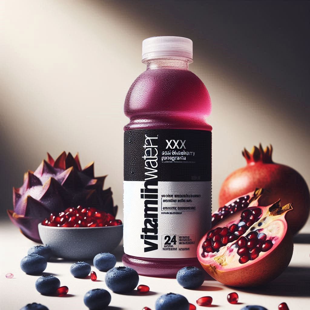 Close-up product photography of Vitaminwater XXX açai-blueberry-pomegranate bottle against a clean white background with açai berries, blueberries, and pomegranate seeds artfully arranged nearby, bright natural lighting, commercial product photography style