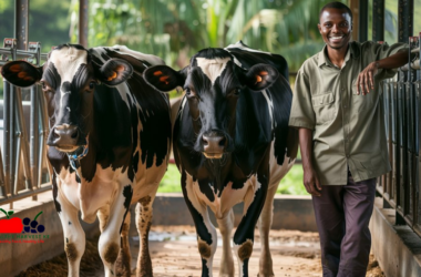"Two healthy Friesian dairy cows standing in a modern, clean zero-grazing unit in Kenya. Bright natural light illuminates the well-designed housing structure with feeding troughs, water access, and comfortable bedding. A proud Kenyan farmer in casual work clothes stands nearby, suggesting prosperity and successful small-scale farming."