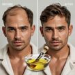 A before/after split image showing a male model (25-35 years old) with a stylish haircut. On the "before" side, his hair appears slightly dull and his scalp shows signs of dryness/flakiness. On the "after" side, the same model has visibly healthier, shinier hair with a revitalized scalp. In the center of the image, place a small glass bowl containing the avocado oil and peppermint oil mixture with a small application brush. The lighting should be clean and natural, with the model having a confident but not overly posed expression. The overall aesthetic should blend high-end grooming with an authentic, achievable result.