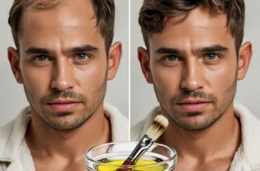 A before/after split image showing a male model (25-35 years old) with a stylish haircut. On the "before" side, his hair appears slightly dull and his scalp shows signs of dryness/flakiness. On the "after" side, the same model has visibly healthier, shinier hair with a revitalized scalp. In the center of the image, place a small glass bowl containing the avocado oil and peppermint oil mixture with a small application brush. The lighting should be clean and natural, with the model having a confident but not overly posed expression. The overall aesthetic should blend high-end grooming with an authentic, achievable result.