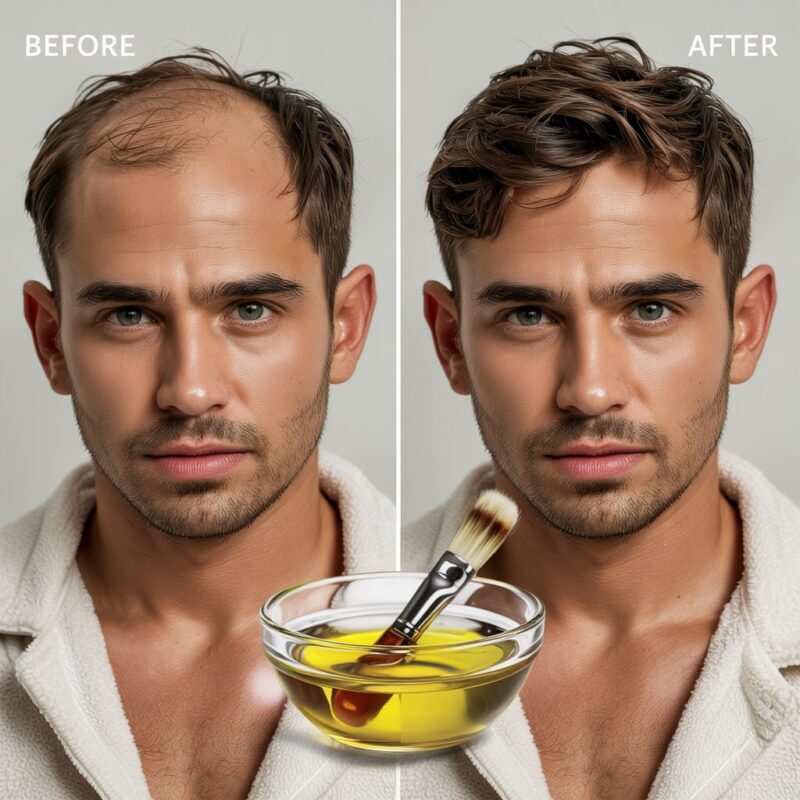 A before/after split image showing a male model (25-35 years old) with a stylish haircut. On the "before" side, his hair appears slightly dull and his scalp shows signs of dryness/flakiness. On the "after" side, the same model has visibly healthier, shinier hair with a revitalized scalp. In the center of the image, place a small glass bowl containing the avocado oil and peppermint oil mixture with a small application brush. The lighting should be clean and natural, with the model having a confident but not overly posed expression. The overall aesthetic should blend high-end grooming with an authentic, achievable result.
