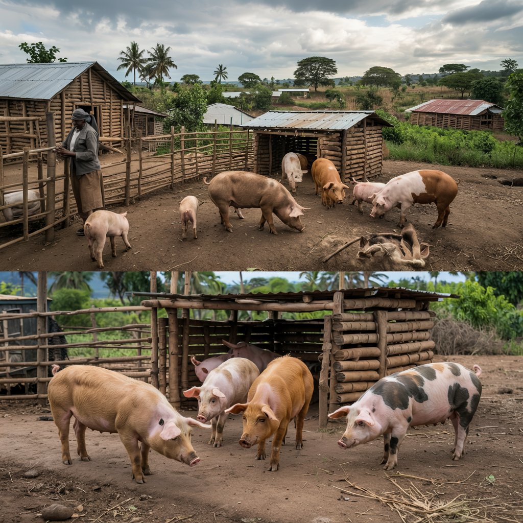 A comparison image showing traditional free-range pig farming in Western Kenya. Display 3-5 local breed pigs foraging in a rural setting with traditional homesteads visible in the background. Include a farmer using local materials to construct a simple shelter for the pigs, highlighting the low-investment approach of traditional systems.