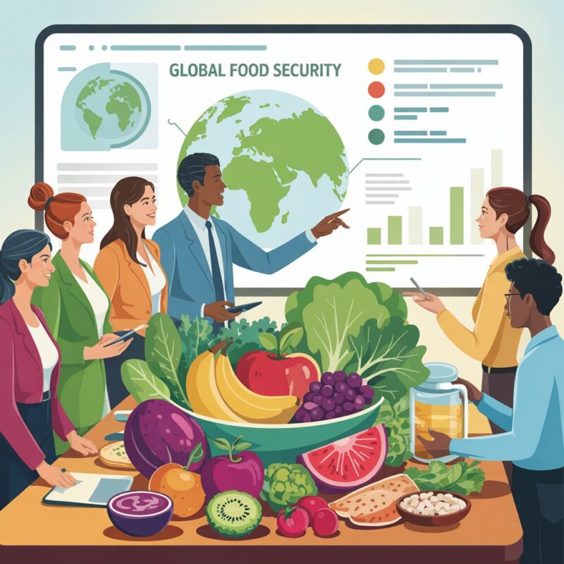 A diverse group of nutrition professionals collaborating around a digital display showing global food security data, with infographics visible on screen and natural healthy foods arranged on the conference table, conveying the intersection of research, education and practical nutrition solutions