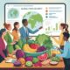 A diverse group of nutrition professionals collaborating around a digital display showing global food security data, with infographics visible on screen and natural healthy foods arranged on the conference table, conveying the intersection of research, education and practical nutrition solutions