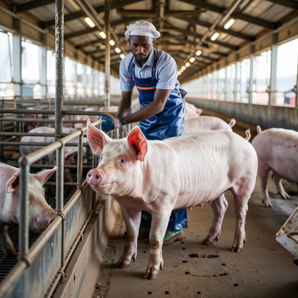A modern commercial pig farm in Kenya with clean, well-constructed pens housing healthy Large White pigs. The facility should have concrete flooring, proper ventilation, and organized feeding stations. Include a Kenyan farmer in professional attire monitoring the pigs, representing the commercial farming system discussed in the article