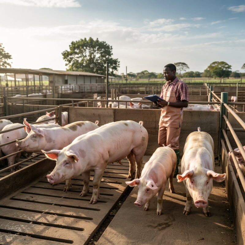 A modern commercial pig farm in Kenya with clean, well-constructed pens housing healthy Large White pigs. The facility should have concrete flooring, proper ventilation, and organized feeding stations. Include a Kenyan farmer in professional attire monitoring the pigs, representing the commercial farming system discussed in the article.