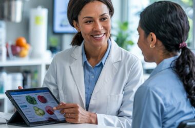 Split-screen comparison showing two medical students: one confidently counseling a patient with nutrition guidelines visible on a tablet, the other looking uncertain without reference materials; subtle visual cues indicate different educational backgrounds, with medical school buildings in the background