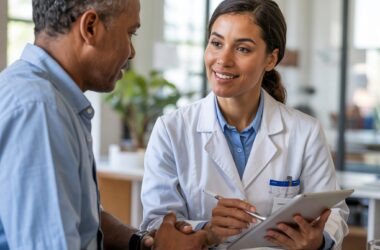 A professional nutritionist in a clinical setting in Kenya, consulting with a patient while reviewing dietary plans on a tablet. Modern hospital or clinic environment with natural lighting, showing the healthcare aspect of nutrition careers.