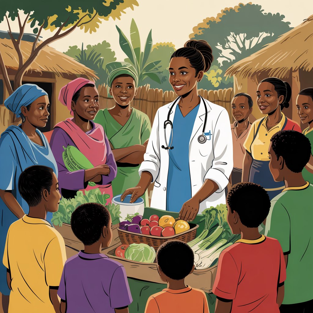 Kenyan community nutritionist conducting a nutrition education session in a rural village setting. The nutritionist is demonstrating healthy food choices using local produce while community members gather around, illustrating public health nutrition work.