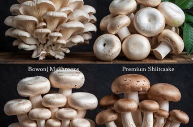 A side-by-side comparison of the three main mushroom varieties grown in Kenya: white oyster mushrooms with their fan-like shape, round button mushrooms in both white and brown varieties, and premium shiitake mushrooms with their distinctive umbrella shape and raised centers. All displayed on a clean wooden surface with subtle labeling.
