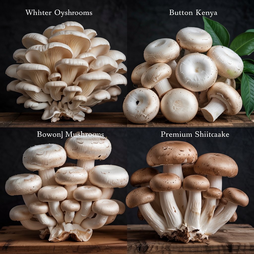 A side-by-side comparison of the three main mushroom varieties grown in Kenya: white oyster mushrooms with their fan-like shape, round button mushrooms in both white and brown varieties, and premium shiitake mushrooms with their distinctive umbrella shape and raised centers. All displayed on a clean wooden surface with subtle labeling.