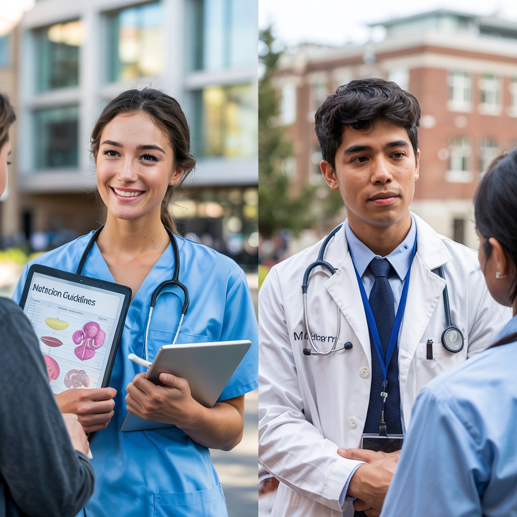 Split-screen comparison showing two medical students: one confidently counseling a patient with nutrition guidelines visible on a tablet, the other looking uncertain without reference materials; subtle visual cues indicate different educational backgrounds, with medical school buildings in the background