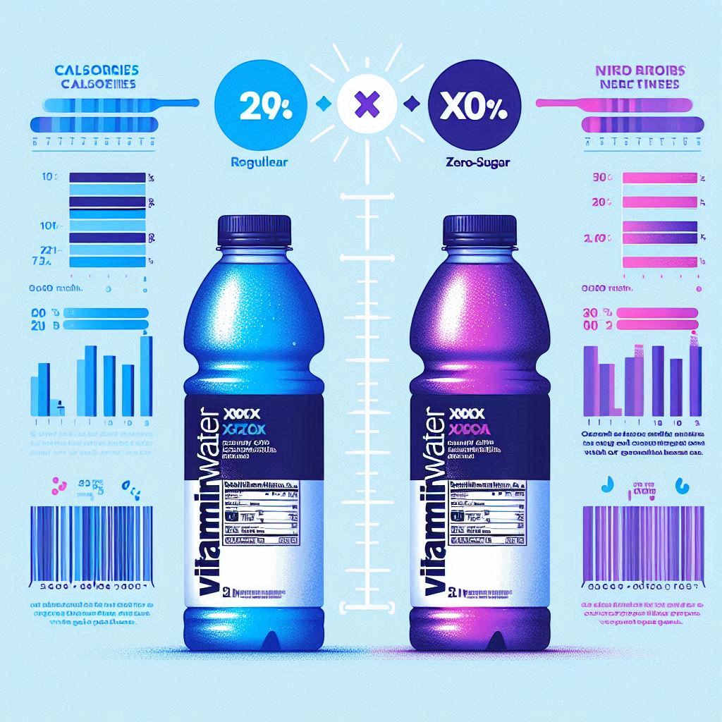 Side-by-side comparison of regular and zero-sugar Vitaminwater XXX bottles with nutritional labels visible, alongside a simple infographic highlighting key differences in calories and sugar content, clean minimalist style with blue and purple color scheme