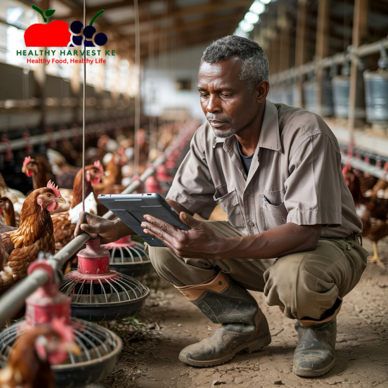 Close-up of a Kenyan farmer in protective clothing checking feeders and recording data on a tablet/phone, with healthy chickens in the background and modern equipment visible, demonstrating the blend of technology and hands-on care in successful poultry management